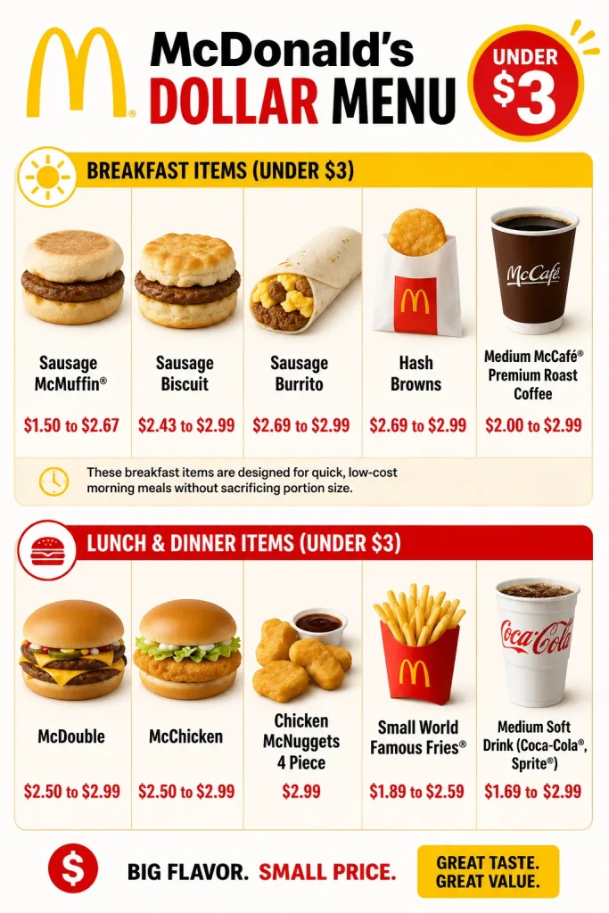 McDonald’s value menu with prices featuring McDouble, McChicken, and fries under $3